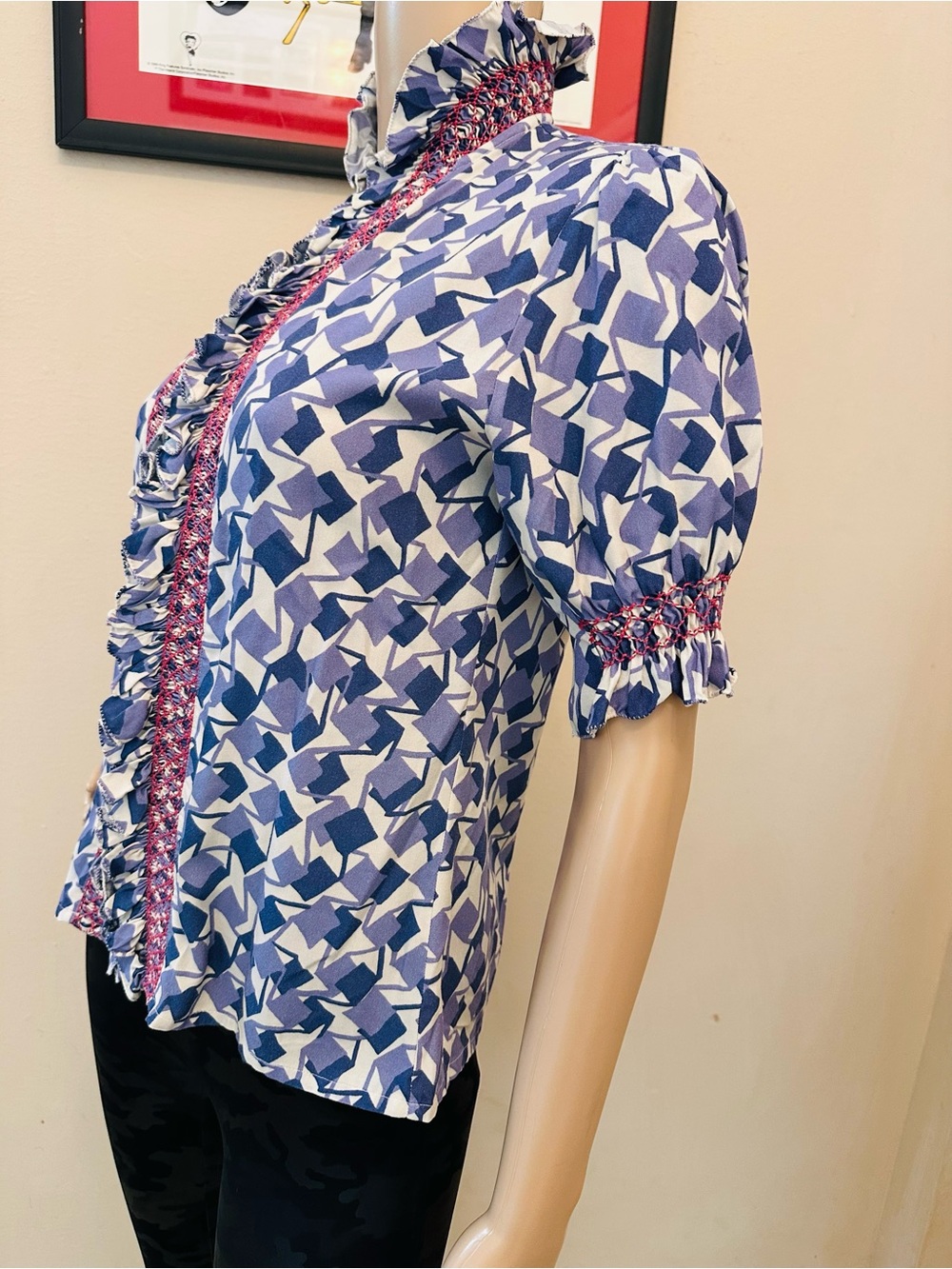 Blue Geometric Ruffle Collar Blouse - Picture 7 of 14